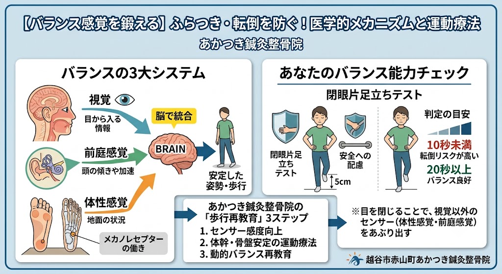 「越谷市のあかつき鍼灸整骨院です。ふらつき・転倒予防に必要な『バランス感覚』のメカニズムを解説。医学的根拠に基づいたテスト法と、シニア世代も安心の運動療法で一生歩ける身体作りをサポートします。」