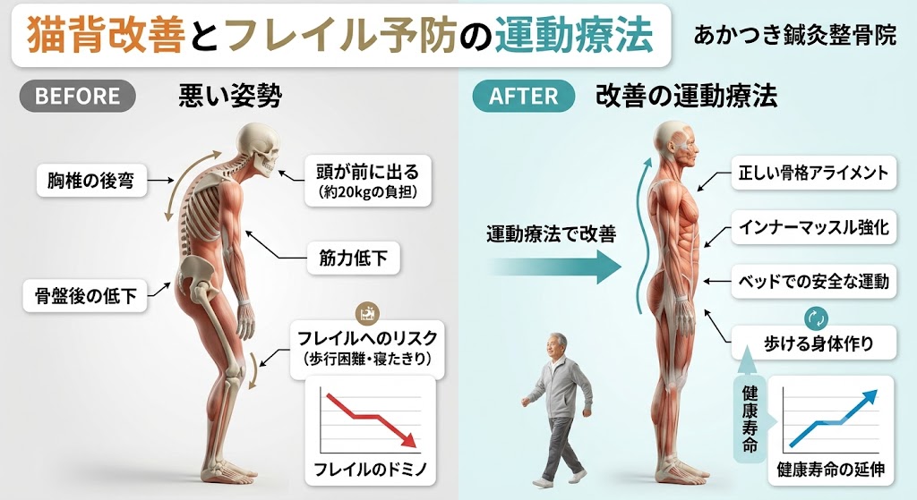 『あかつき鍼灸整骨院（越谷市）で、岡田朋曉院長の指導のもと、ベッドの上で安全な猫背改善・姿勢矯正の運動療法を行っているシニア女性のイメージ』