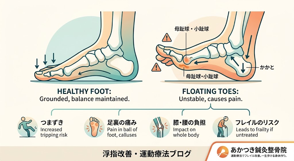 あかつき鍼灸整骨院（越谷市）が解説する浮き指（浮指）のメカニズムとフレイル予防のための運動療法
