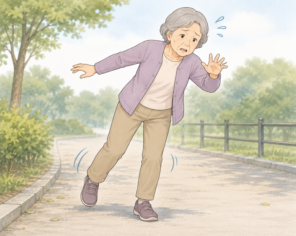 「歩行時にバランスを崩しそうになる高齢者。支持基底面の低下により歩行が不安定になっているイメージ。」