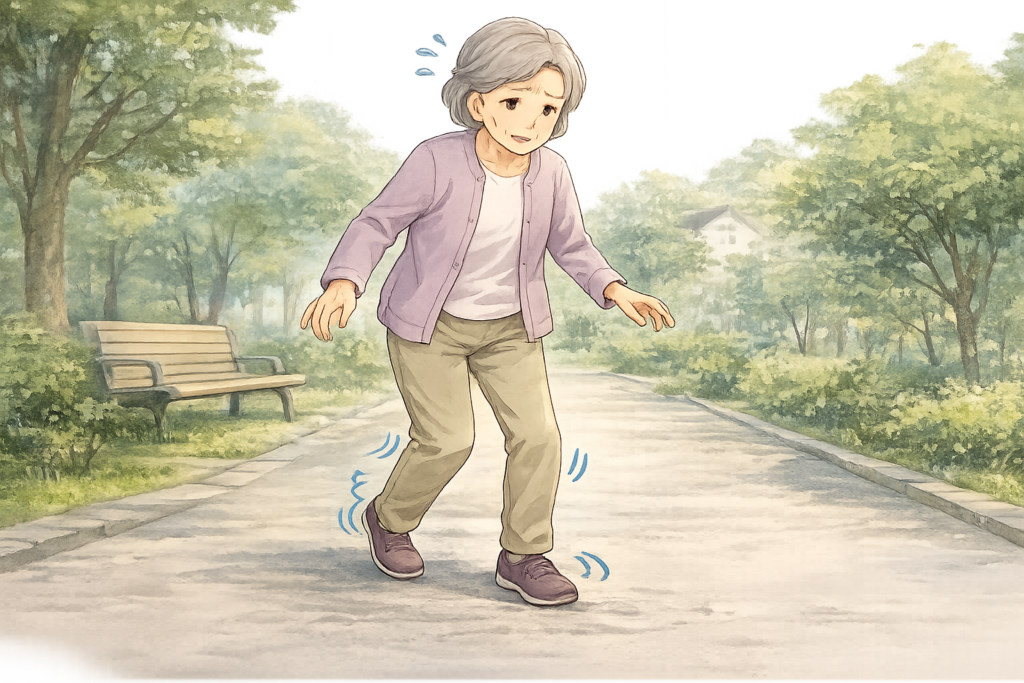 「高齢者が歩行時にふらついている様子と、それを支える施術者のイメージ」