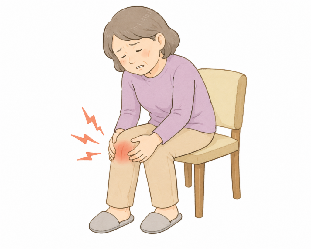 「関節の変形によって膝を押さえる人物のイラスト」
