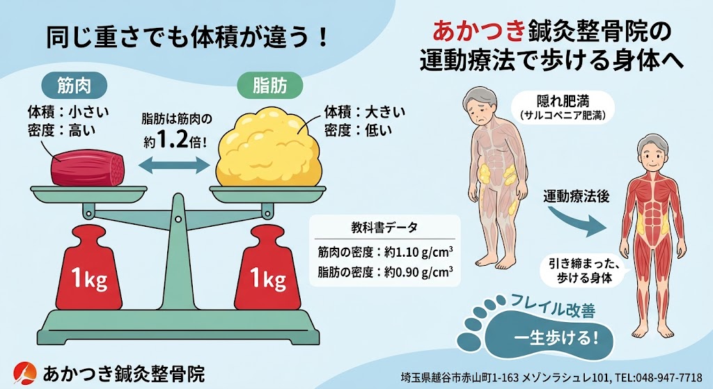 同じ1kgでも体積が違う筋肉と脂肪の模型イメージとあかつき鍼灸整骨院の運動療法（埼玉県越谷市）