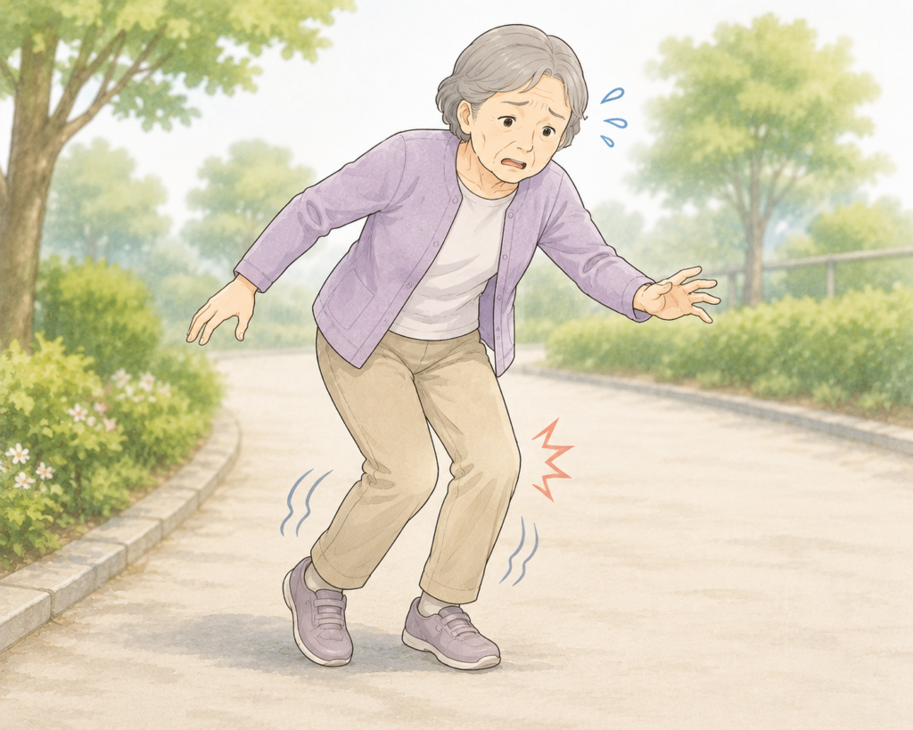 「歩行中に膝の力が抜け、膝崩れを起こしそうになっている高齢者のイメージ」