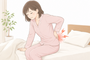 朝起きて腰の痛みで腰を押さえる女性のイラスト