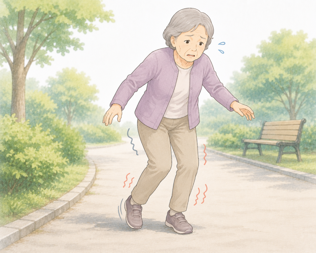 「加齢によって下半身の筋力が低下し、歩行が不安定になっている高齢者のイメージ」
