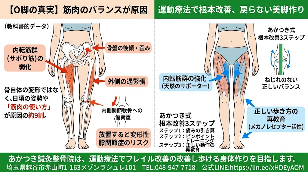 あかつき鍼灸整骨院のO脚（内反膝）を根本改善する運動療法（内転筋トレーニング）のイメージ（埼玉県越谷市）