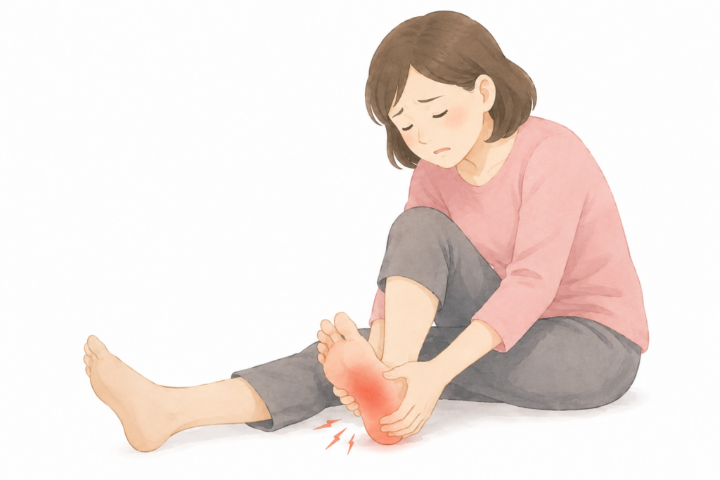 足底腱膜炎でかかとを押さえる女性のイラスト