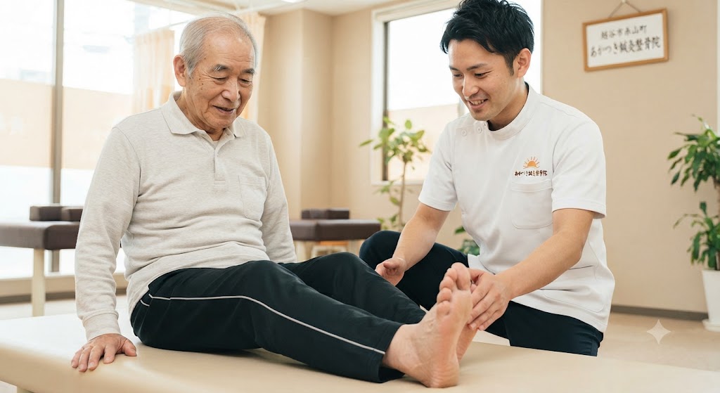 あかつき鍼灸整骨院で膝の痛みを改善する運動療法を指導する様子