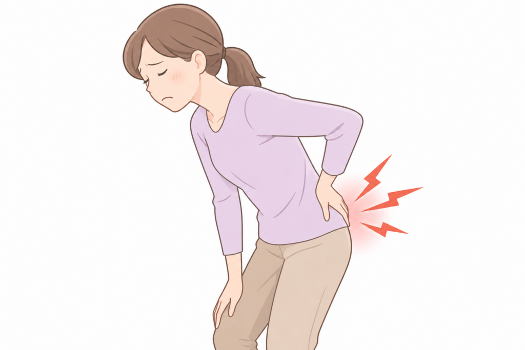 立っていると腰が痛く腰を押さえる女性のイラスト