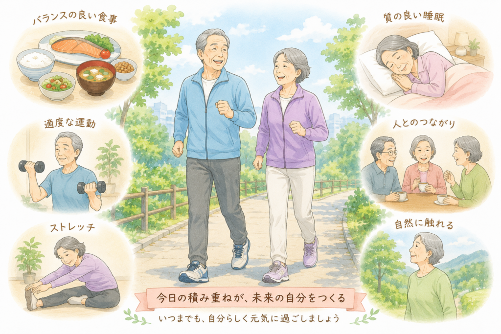 「年齢を重ねても元気に歩く高齢者と、健康寿命を意識した生活をイメージしたイラスト」