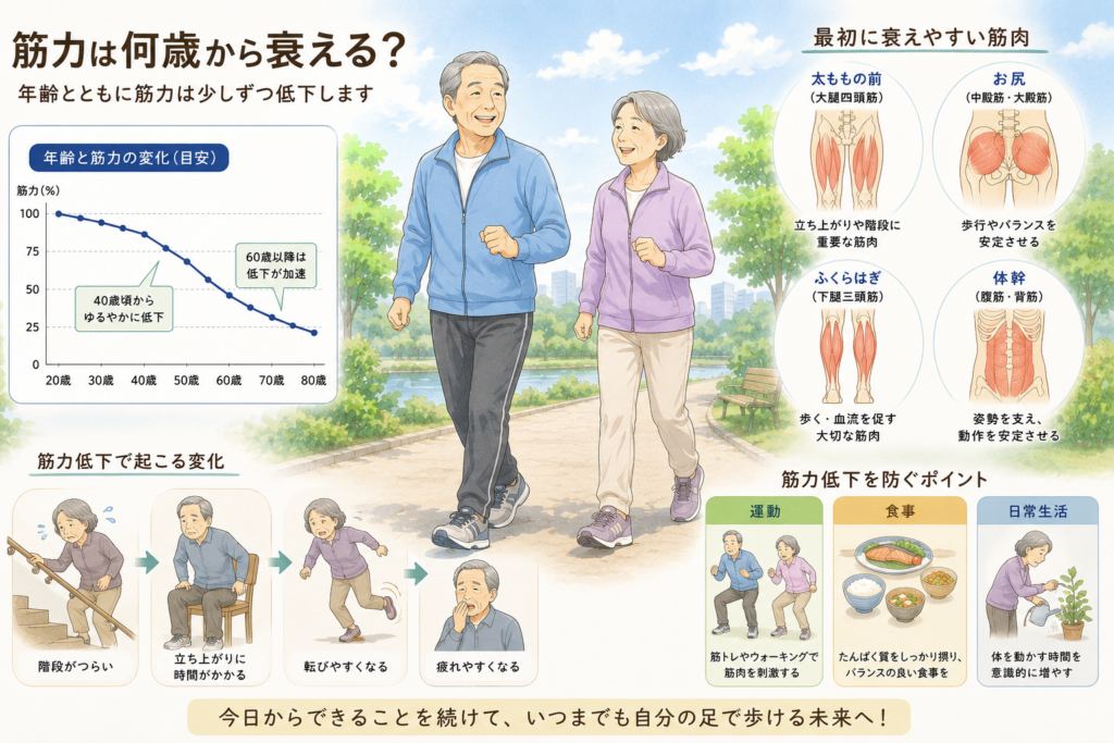 「年齢による筋力低下をイメージした高齢者が歩いているイラスト」