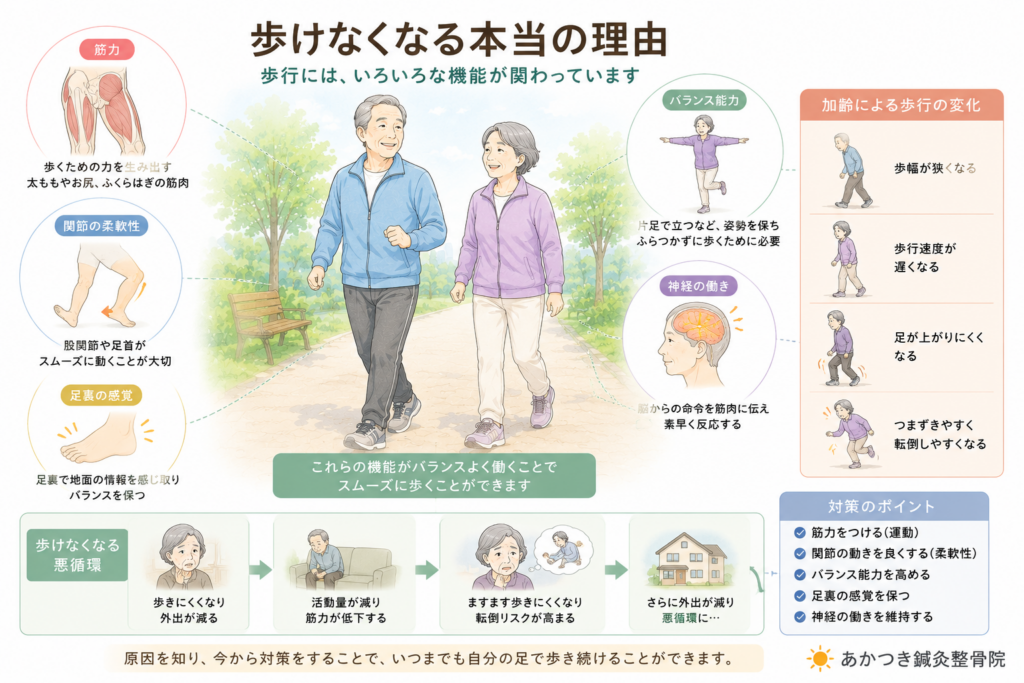 「歩行に必要な筋力・バランス・関節・神経・足裏感覚をイメージした高齢者の歩行イラスト」