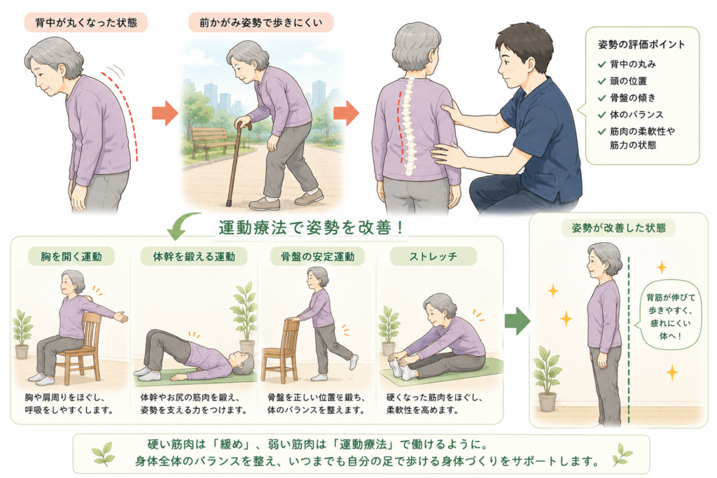 「背中が丸くなった高齢者と、姿勢改善のために運動療法を行う様子をイメージしたイラスト」