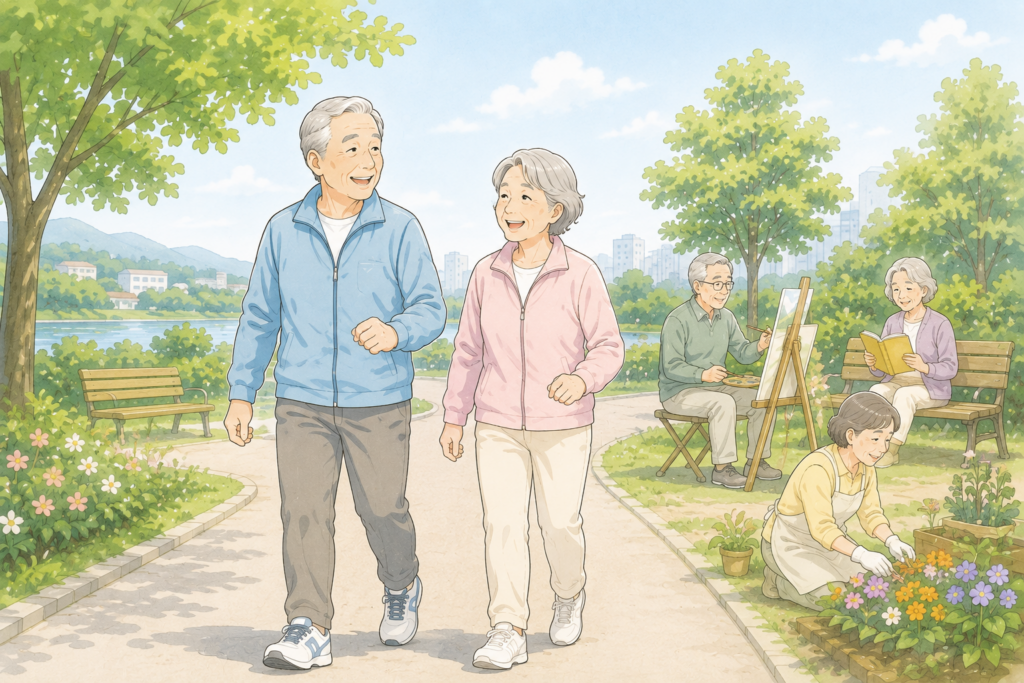 「趣味や散歩、家族との時間を楽しみながら笑顔で過ごす高齢者をイメージしたイラスト」