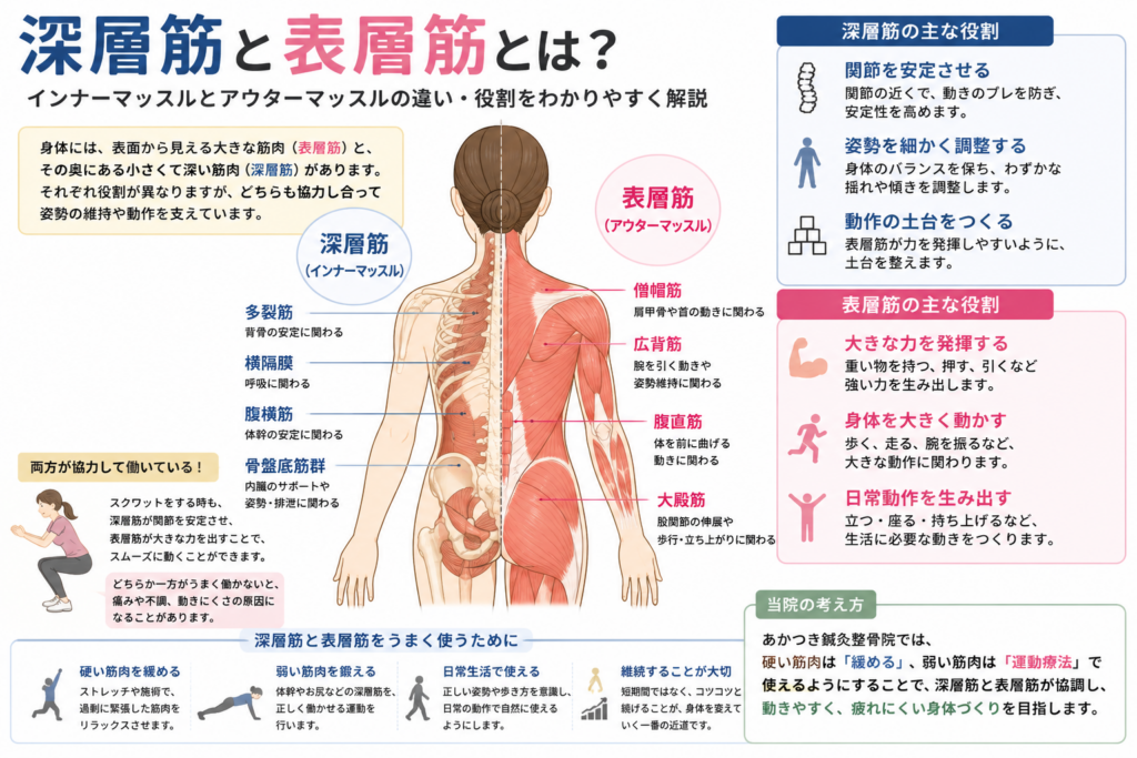 「人体の深層筋と表層筋の違いをイメージした筋肉の解剖イラスト」
