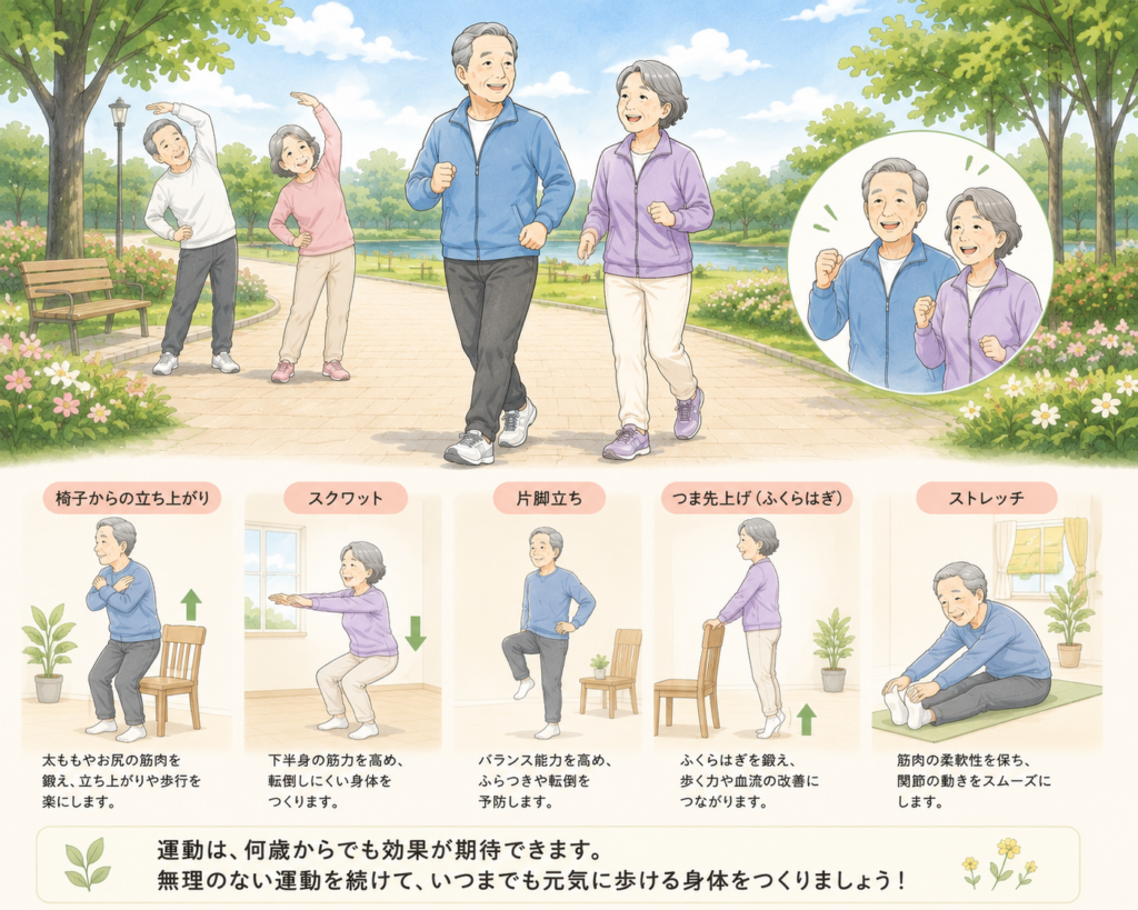 「公園で無理のない運動を楽しみ、笑顔で歩く高齢者と、自宅でできる簡単な運動をイメージしたイラスト」
