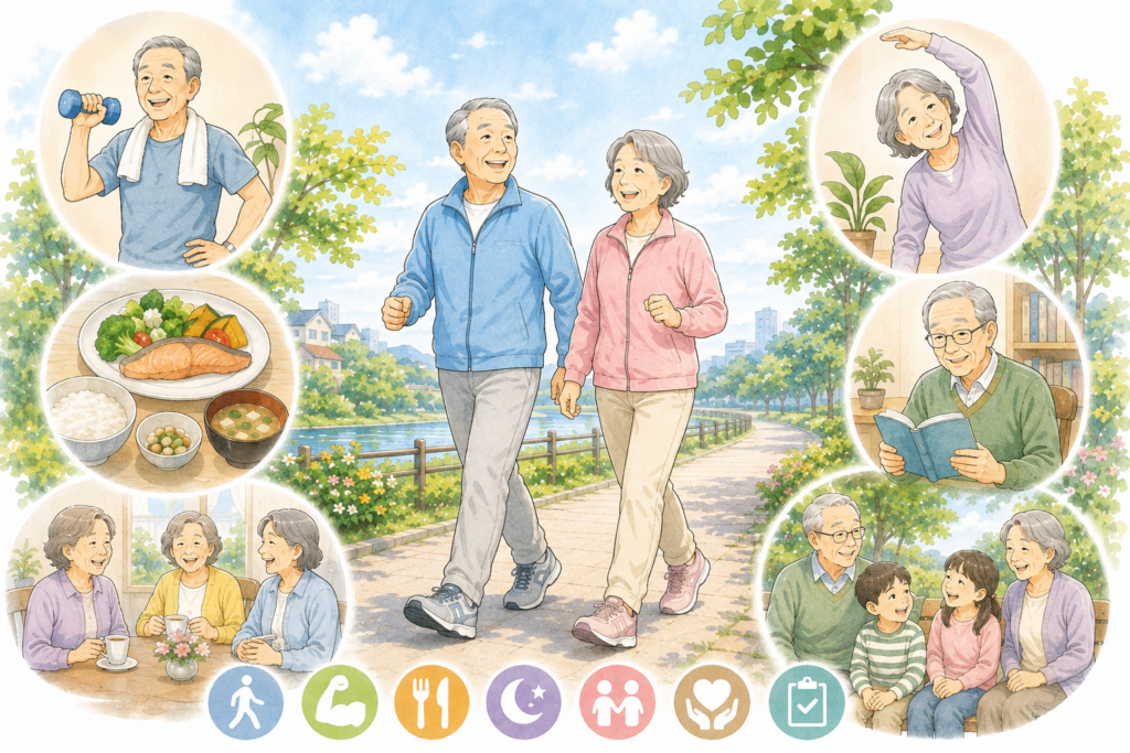 「年齢を重ねても自分の足で元気に歩き、健康的な生活を楽しむ高齢者のイラスト」
