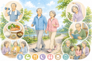 「年齢を重ねても自分の足で元気に歩き、健康的な生活を楽しむ高齢者のイラスト」