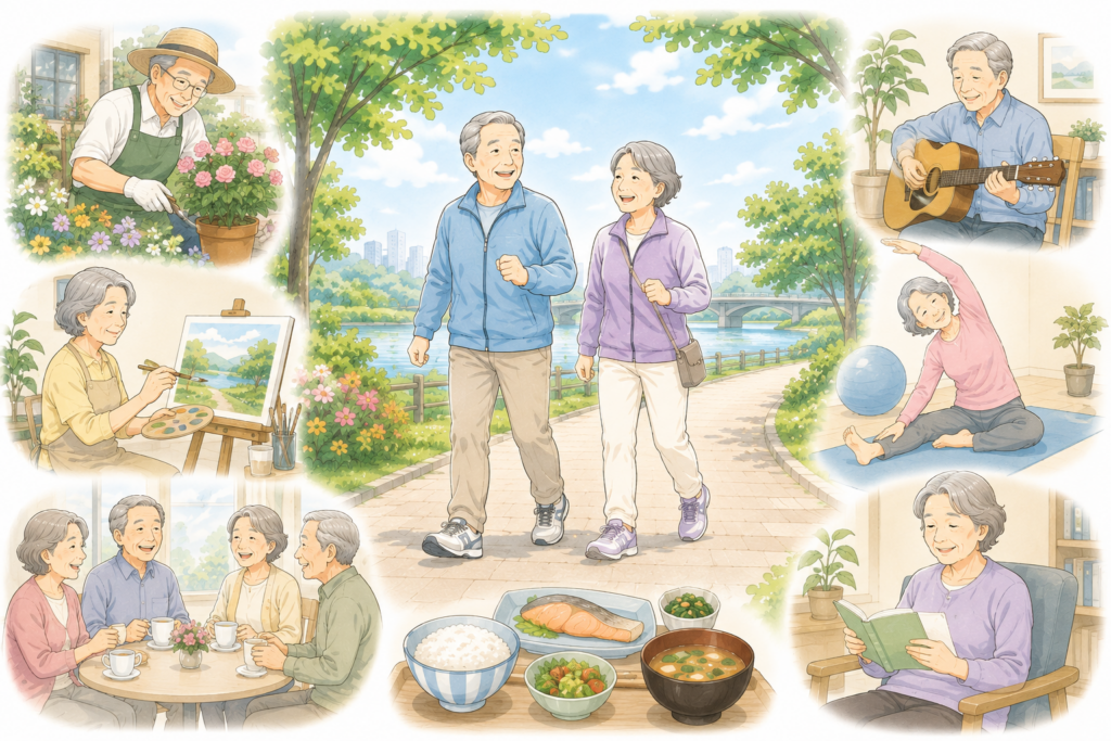 「元気に散歩や趣味を楽しむ高齢者と、健康寿命を長く保つ生活習慣をイメージしたイラスト」