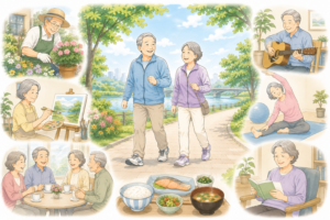 「元気に散歩や趣味を楽しむ高齢者と、健康寿命を長く保つ生活習慣をイメージしたイラスト」