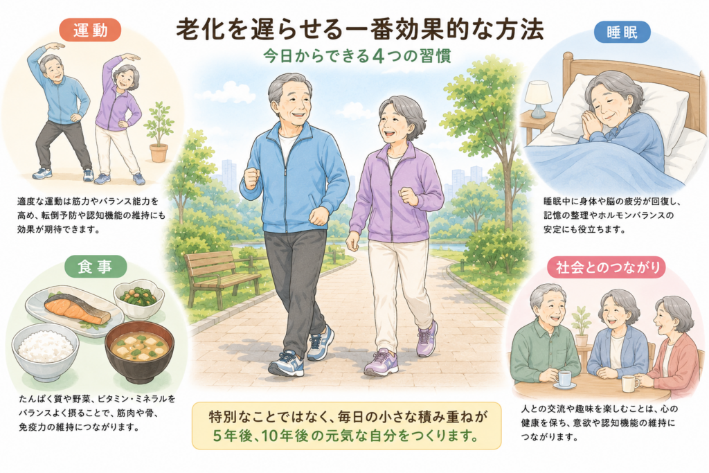 「毎日の散歩や軽い運動、食事、睡眠を通して健康的に年齢を重ねる高齢者のイメージ」