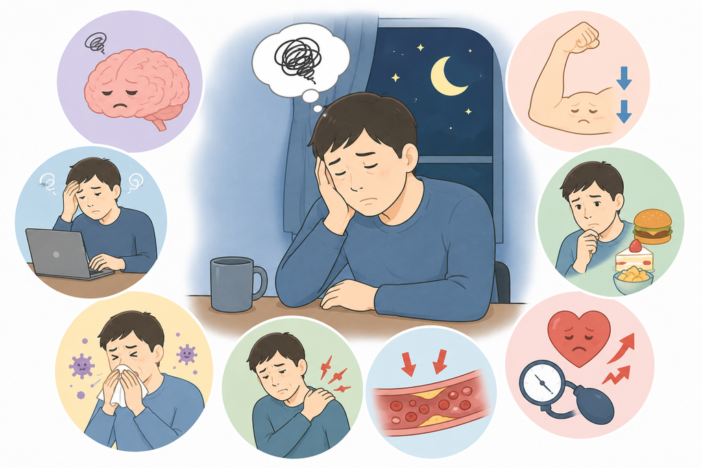 睡眠不足による疲労や集中力低下を感じている人のイラスト