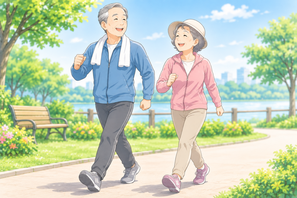 「姿勢良く笑顔で元気に歩く高齢者をイメージしたイラスト」