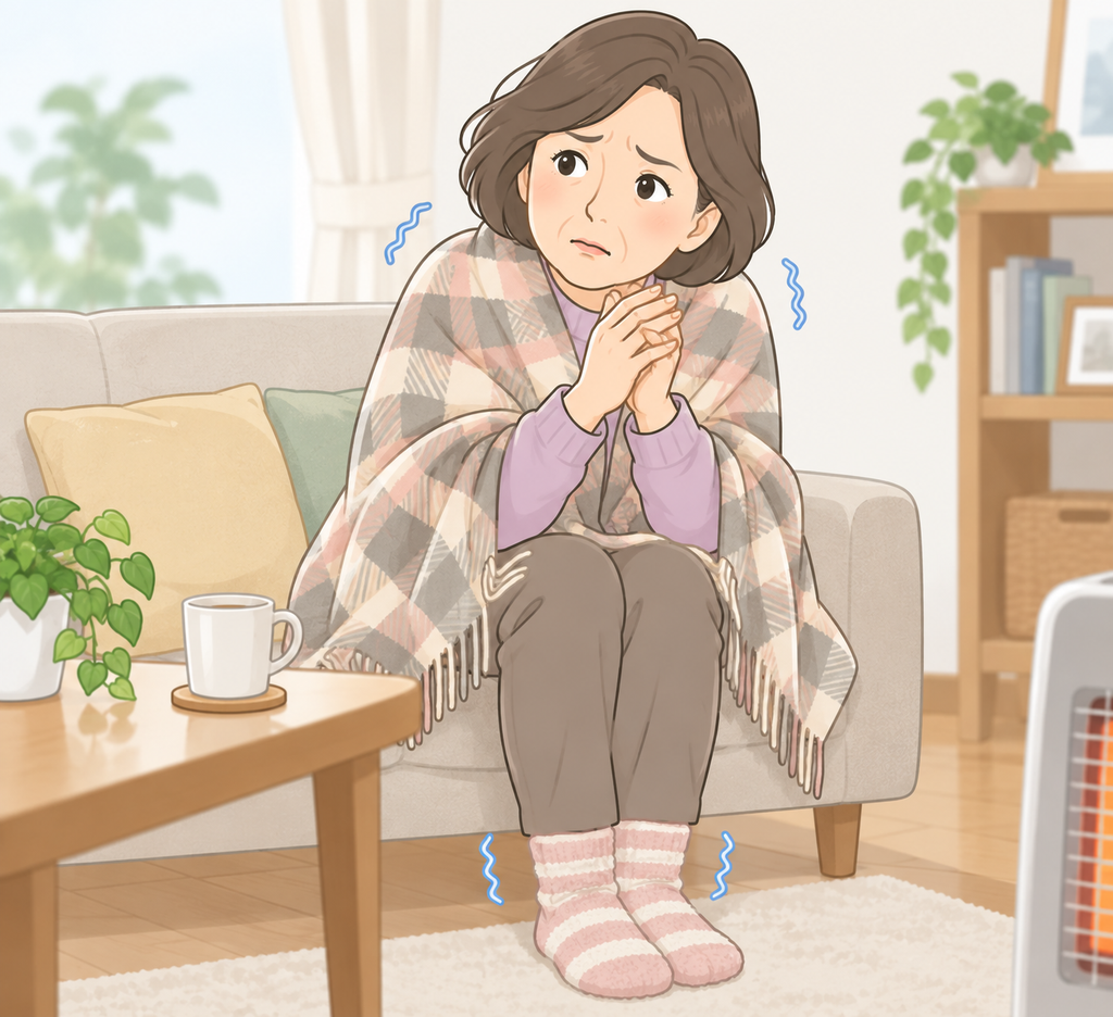 手足の冷えを感じて寒そうにしている中年女性のイラスト