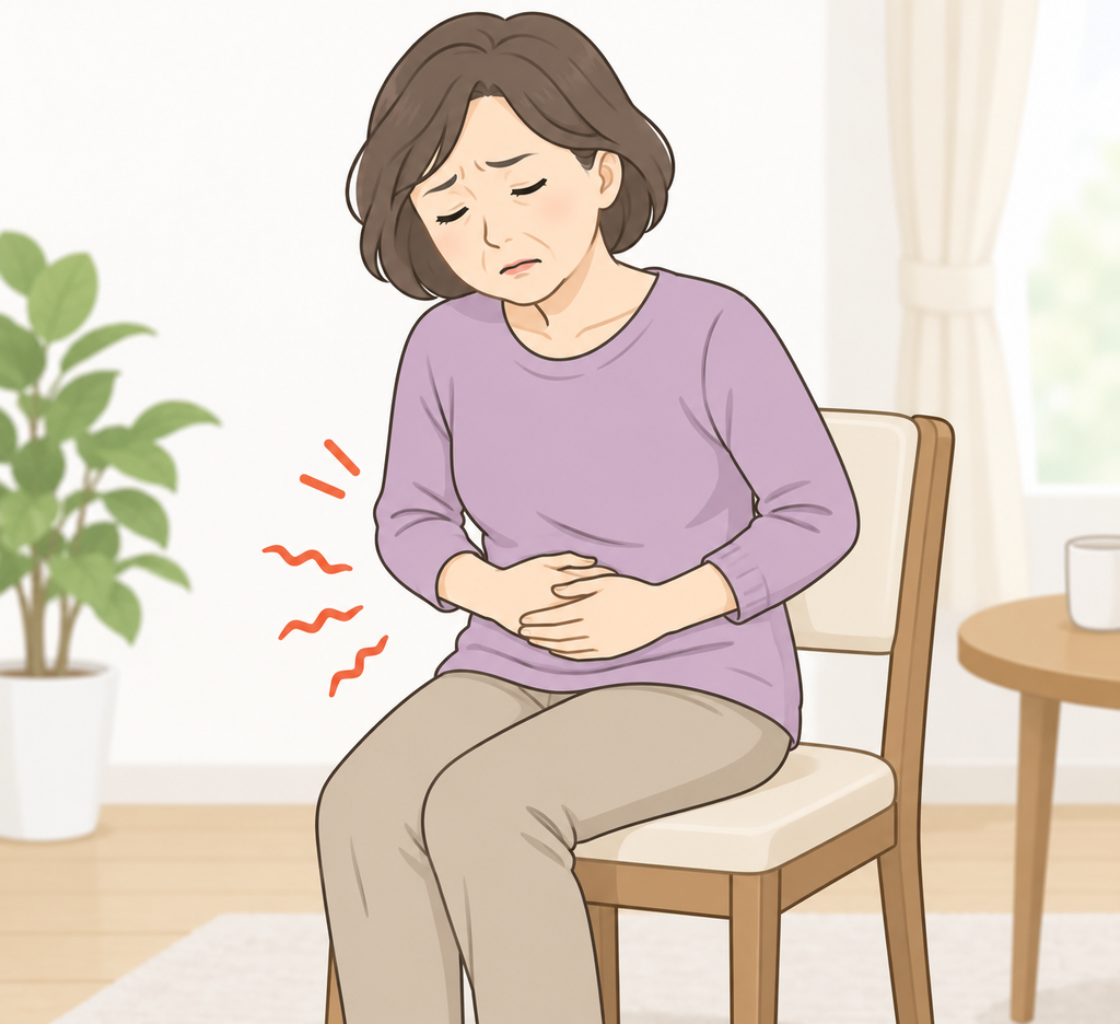 便秘でお腹の張りや出しにくさを感じている中高年女性のイラスト
