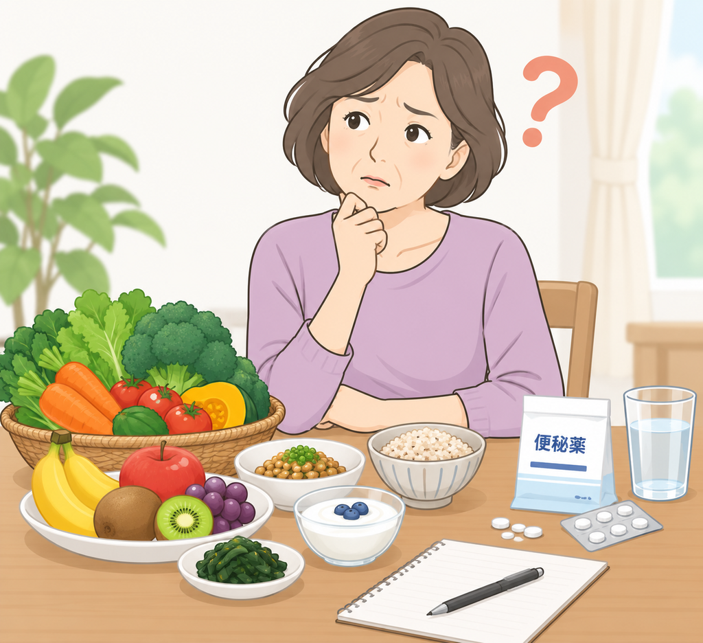 便秘改善のための野菜や果物と便秘薬を見ながら食事を考えている中高年女性のイラスト