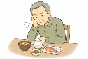 食事量が減り筋力や活動量が低下している高齢者をイメージしたイラスト