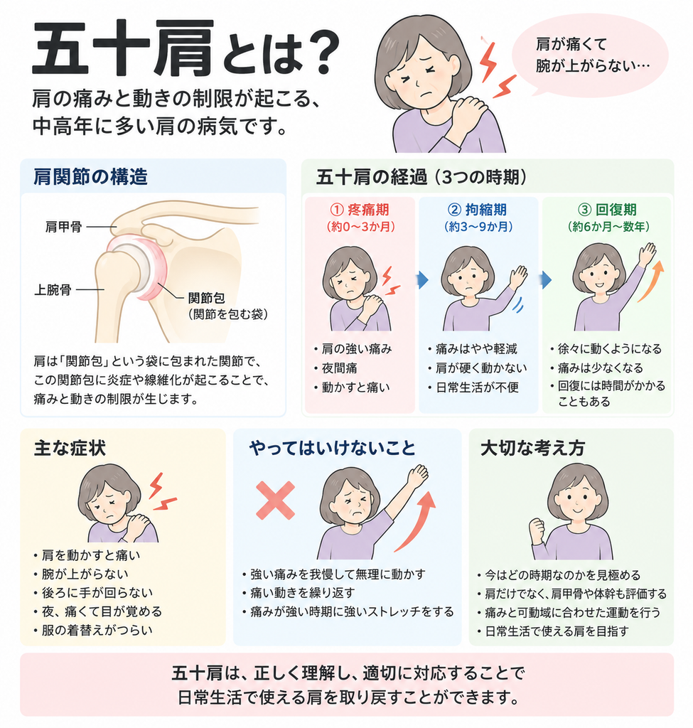 五十肩で肩が痛く腕を上げにくい中高年のイラスト