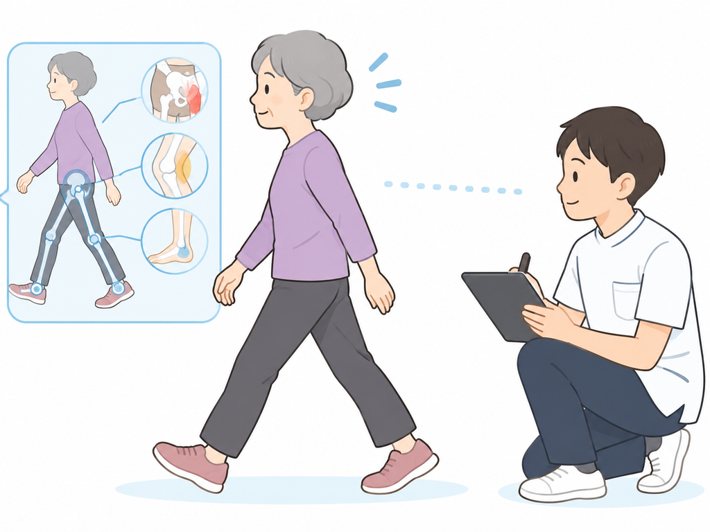 高齢者の歩き方を横から観察して歩行分析をしているイラスト