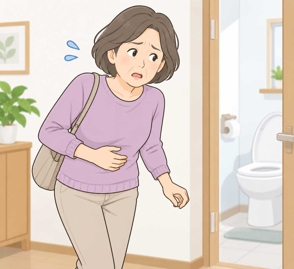 軟便でお腹の調子が悪くトイレを気にしている中高年女性のイラスト