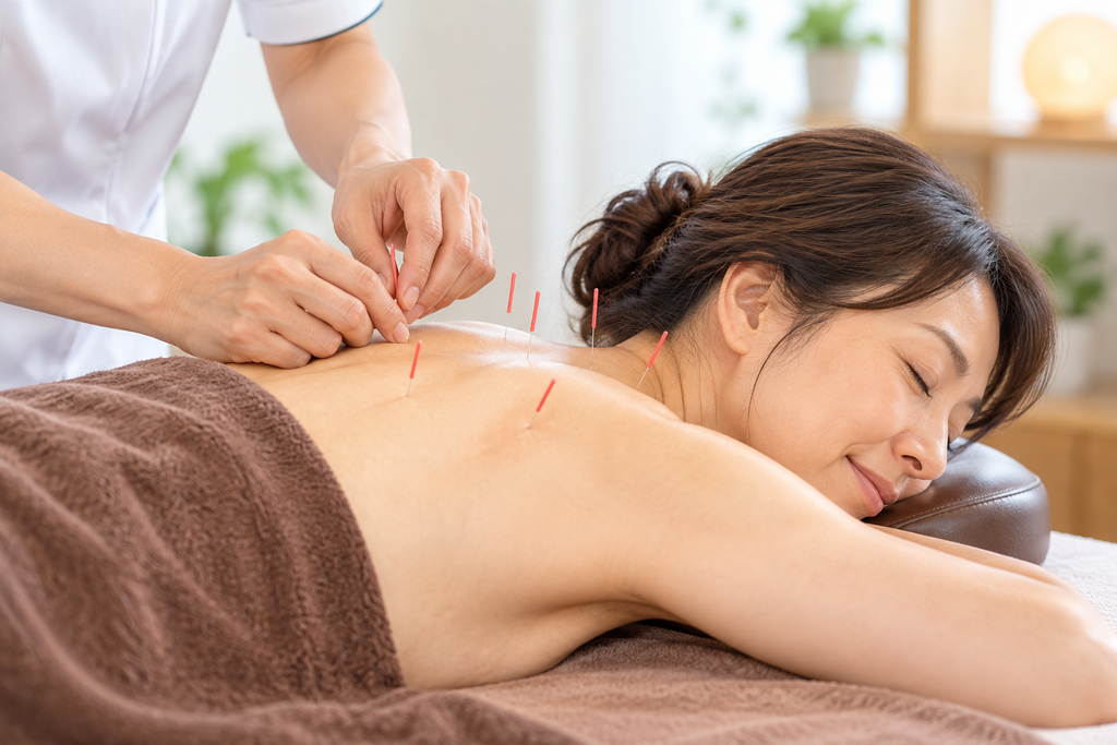 鍼刺激が末梢神経から脊髄と脳へ伝わる鍼灸の効果とメカニズムのイメージ